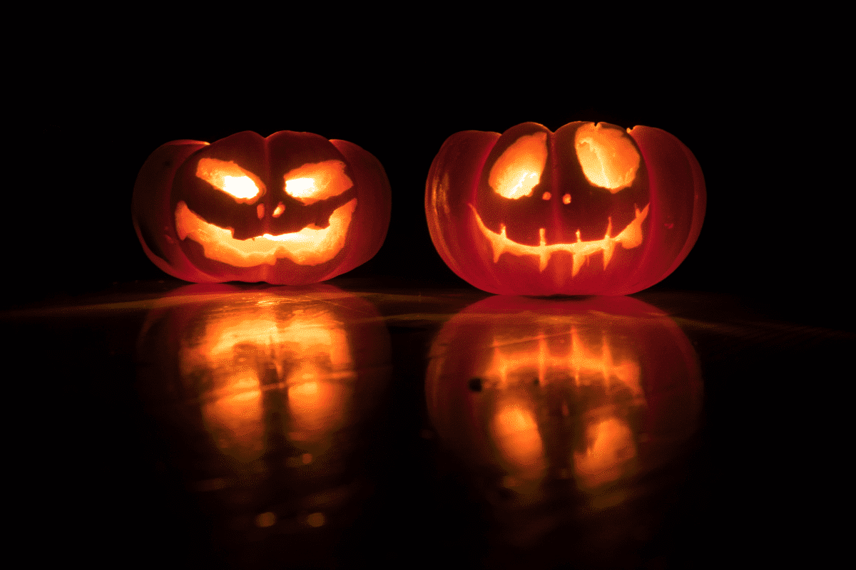 Halloween jack-o-lanterns illuminated by candlelight 
