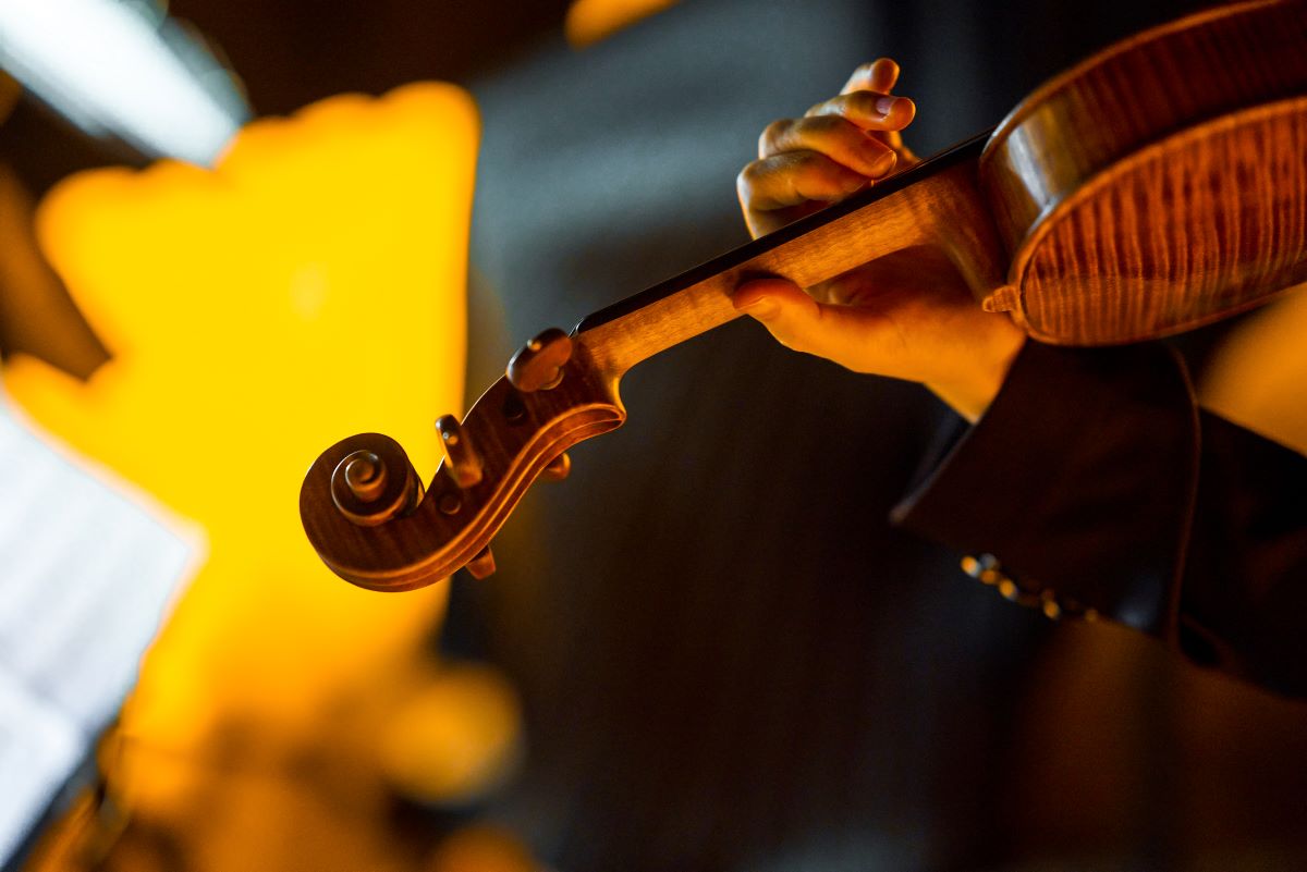The top of a violin by candlelight.