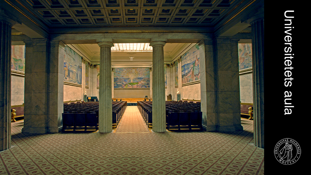 Inside University Aula, showing Edvard Munch's paintings hanging in the ceremonial hall.