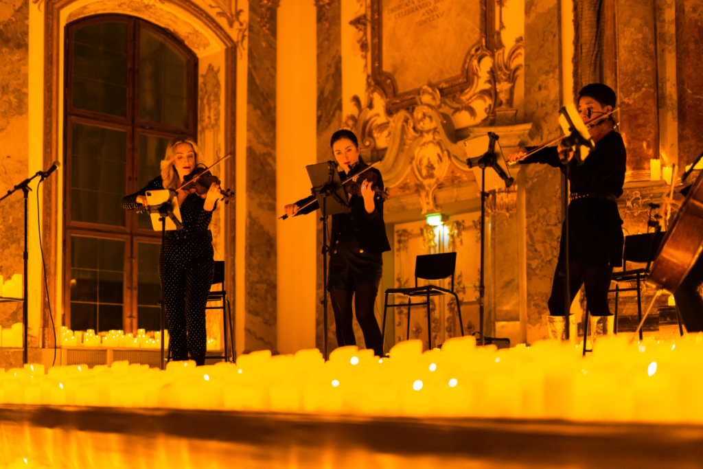 A string quartet performing at a Candlelight concert.