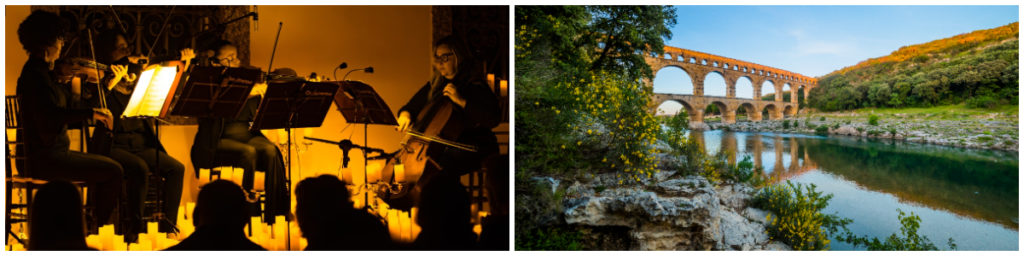 Collage d'une photo d'un concert Candlelight et une autre du Pont du Gard