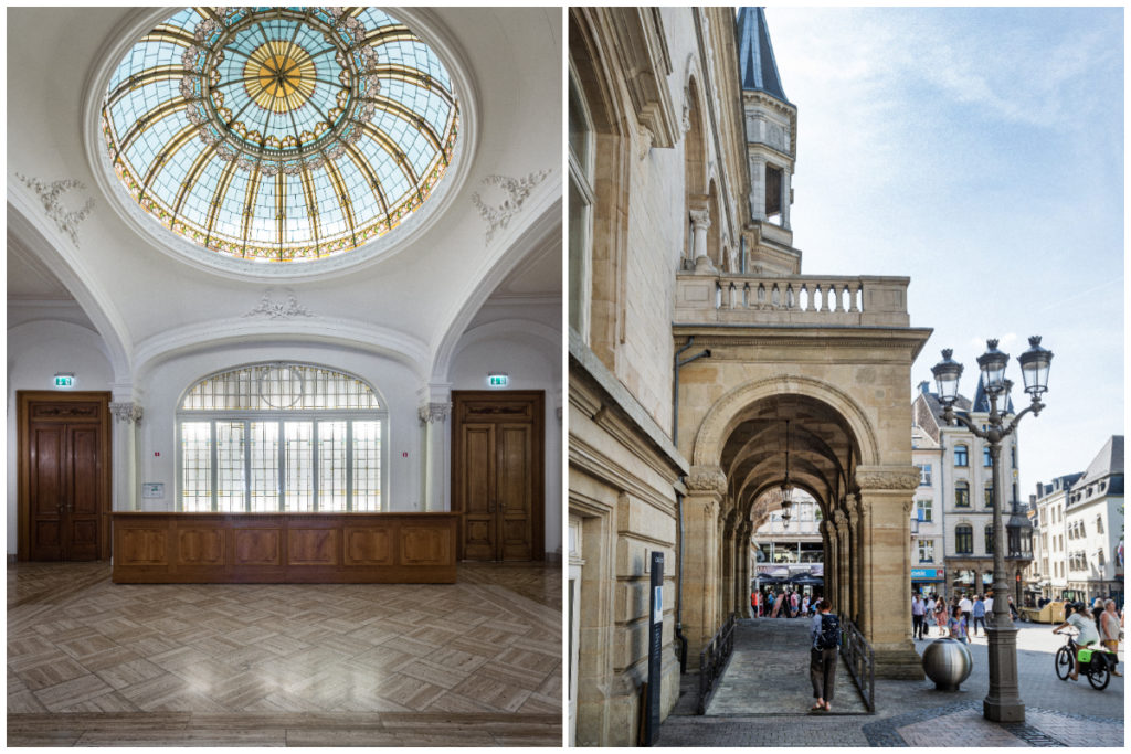 Collage de deux photos du cercle cité à Luxembourg, une vu de l'intérieur avec sa coupole, l'autre de l'entrée