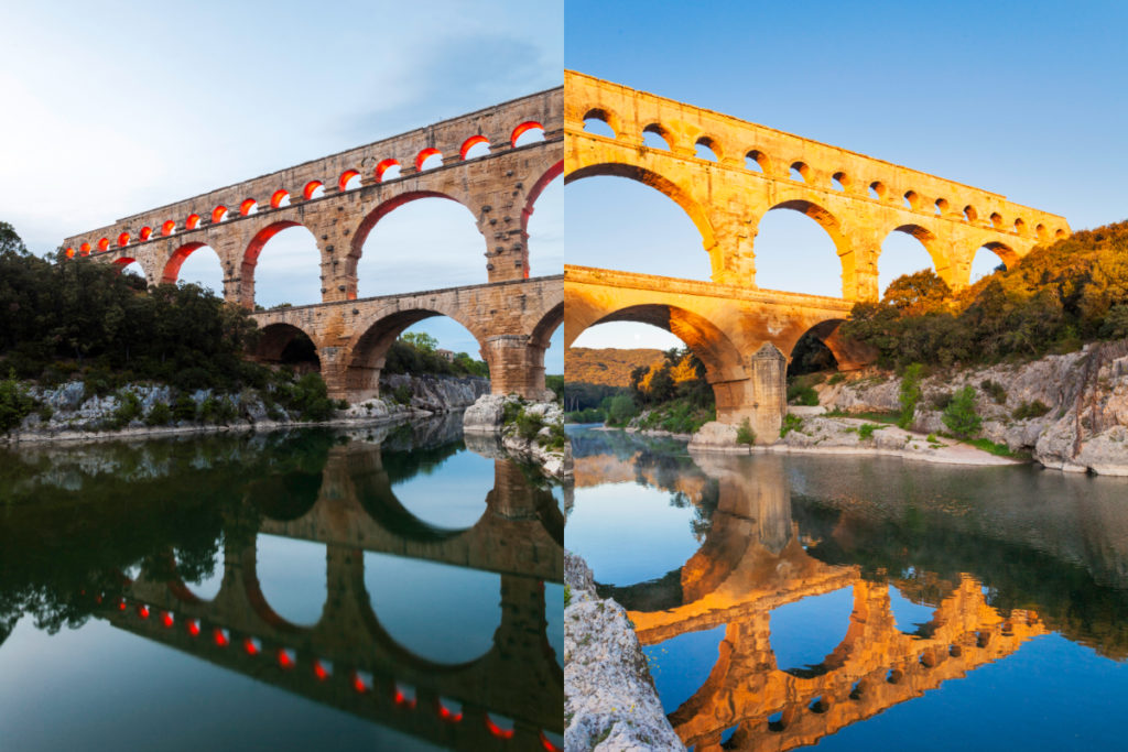 Collage de deux photos du Pont du Gard de jour
