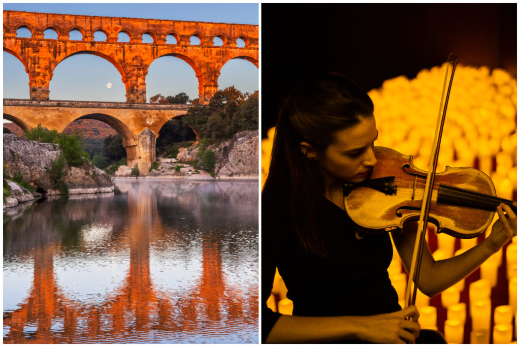 Photo collage du pont du Gard le soir et d'un concert Candlelight