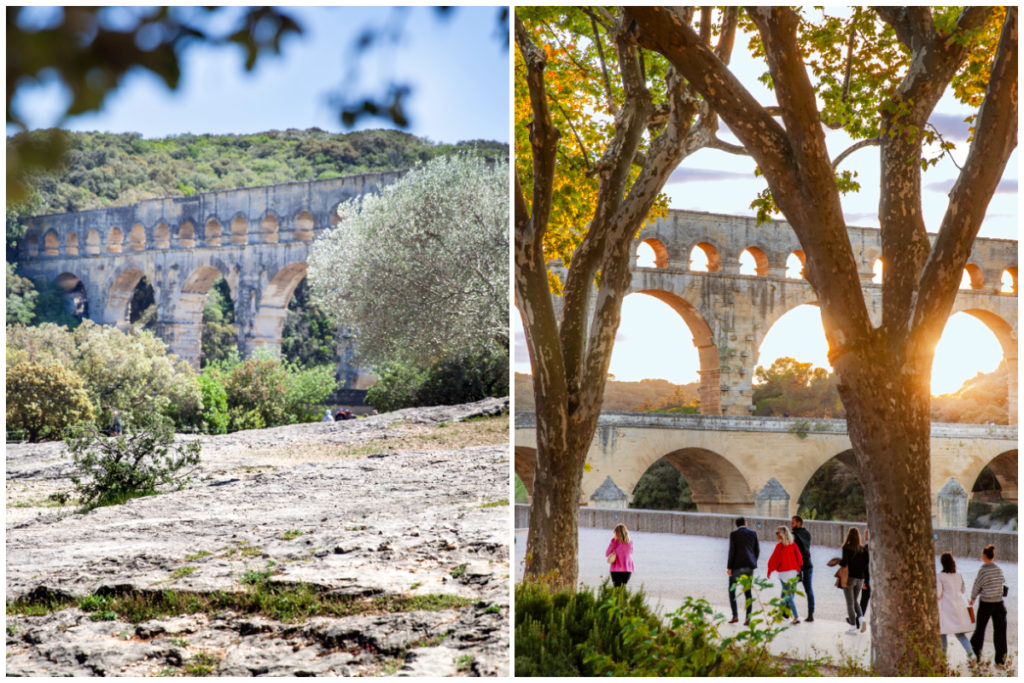 Collage de deux photos de la vue du Pont du Gard depuis l'auditorium et les Oliviers Millénaires