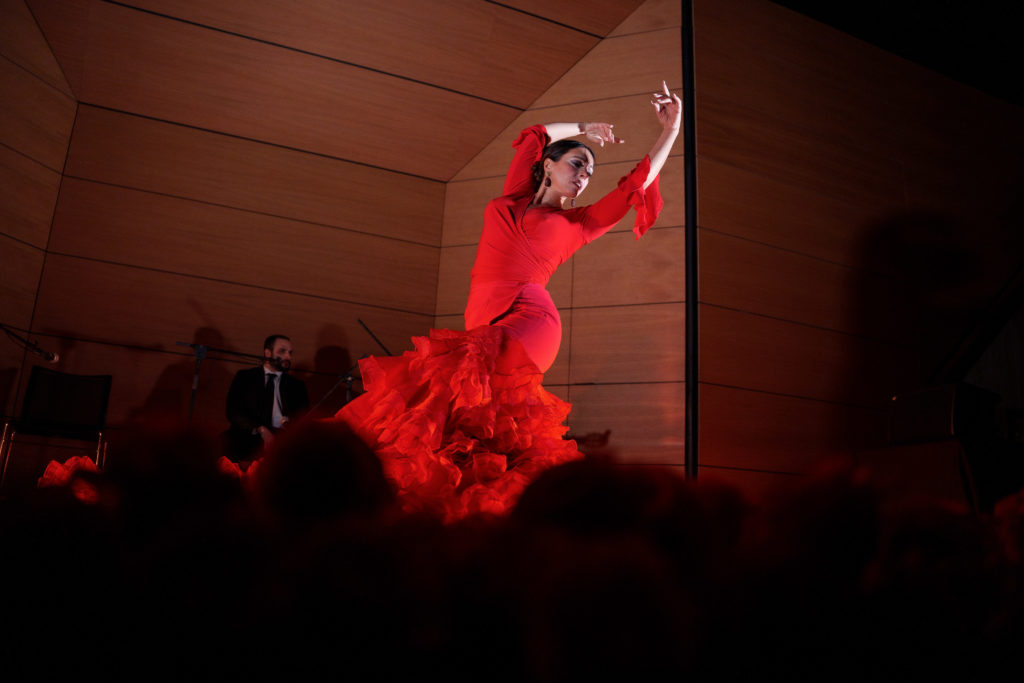 Een vrouw in een rode jurk danst de flamenco bij We Call It Flamenco.