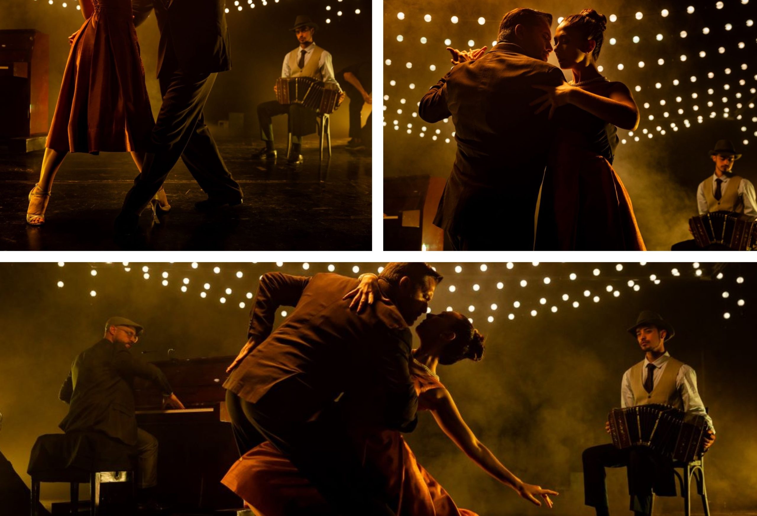 Un collage di immagini che immortalano una coppia che balla il tango al We Call It Tango.
