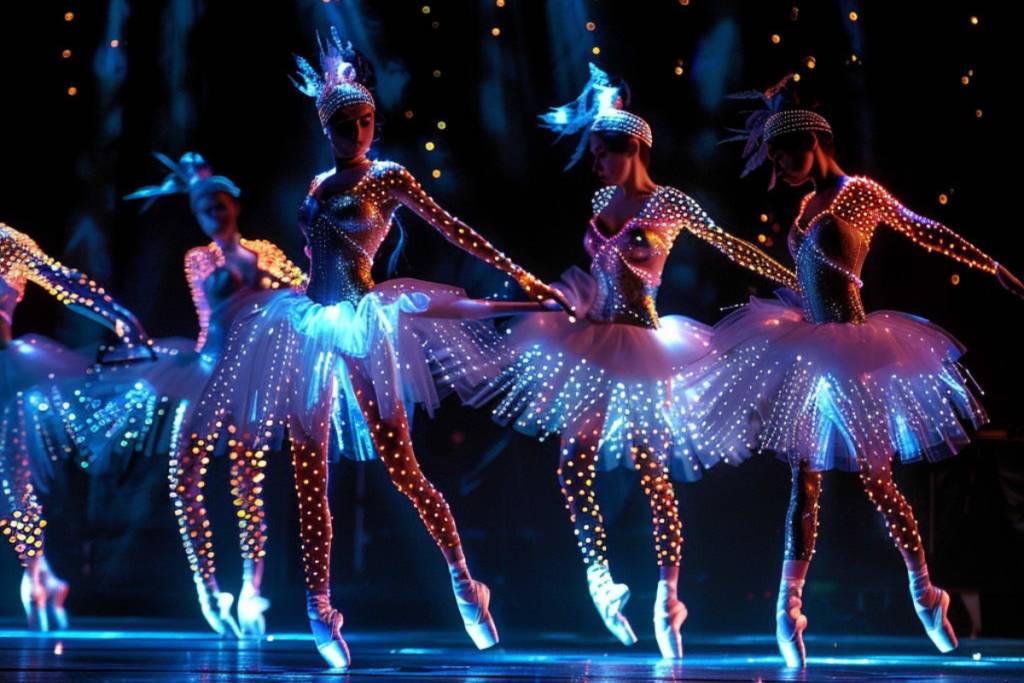 Bailarinas dançando com trajes de LED nos espetáculos We Call It Ballet nos eventos originiais FEVER